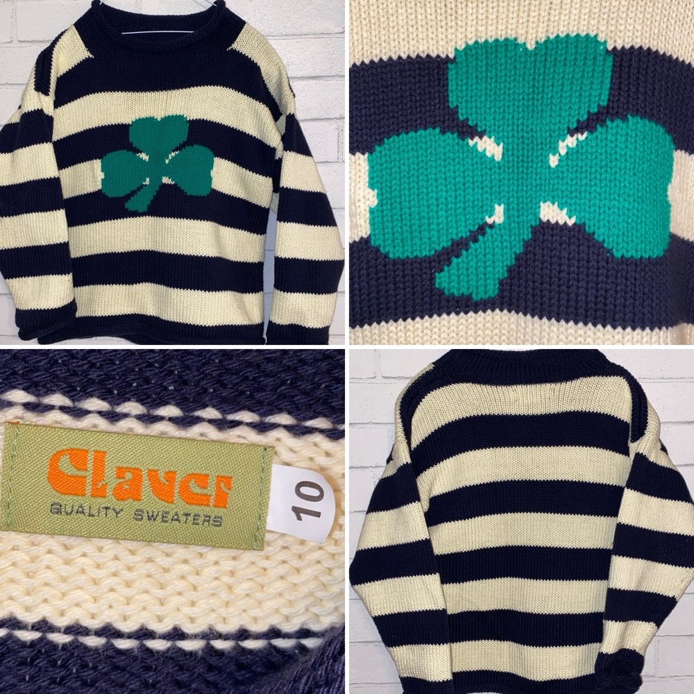 CLAVER Navy & Ivory Stripes Shamrock Roll Neck Cotton Kids Irish Sweater Kids 10